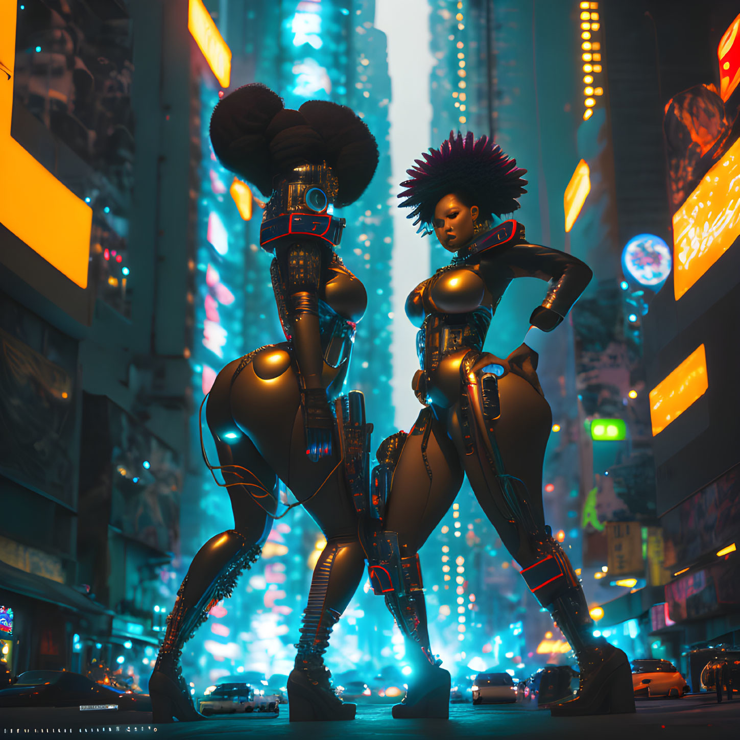 Futuristic cybernetic characters with edgy hairstyles in neon-lit urban setting