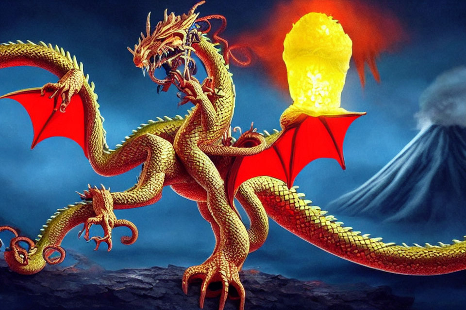 Golden multi-headed dragon with red wings in front of fiery orb and erupting volcano under dark sky