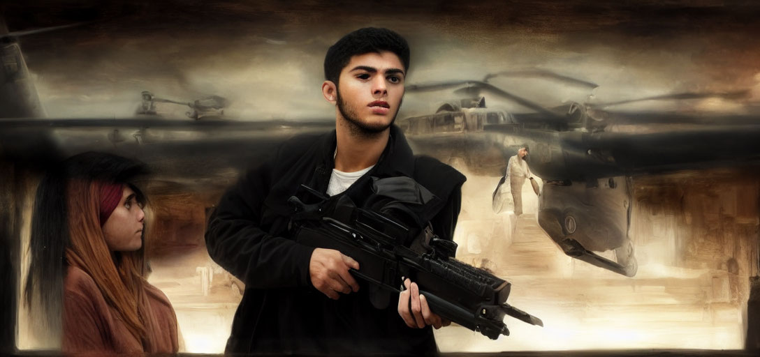 Young man with rifle and girl in war-torn scene with helicopters and soldiers