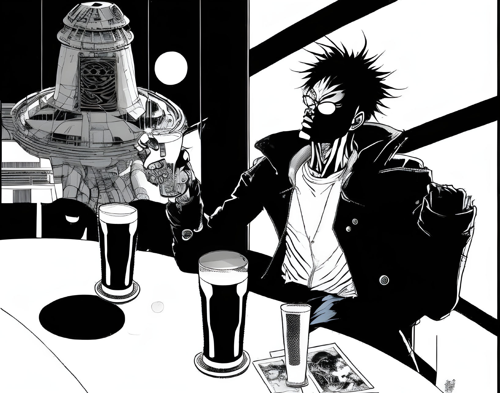 Monochrome illustration of rugged man in futuristic bar with robot bartender