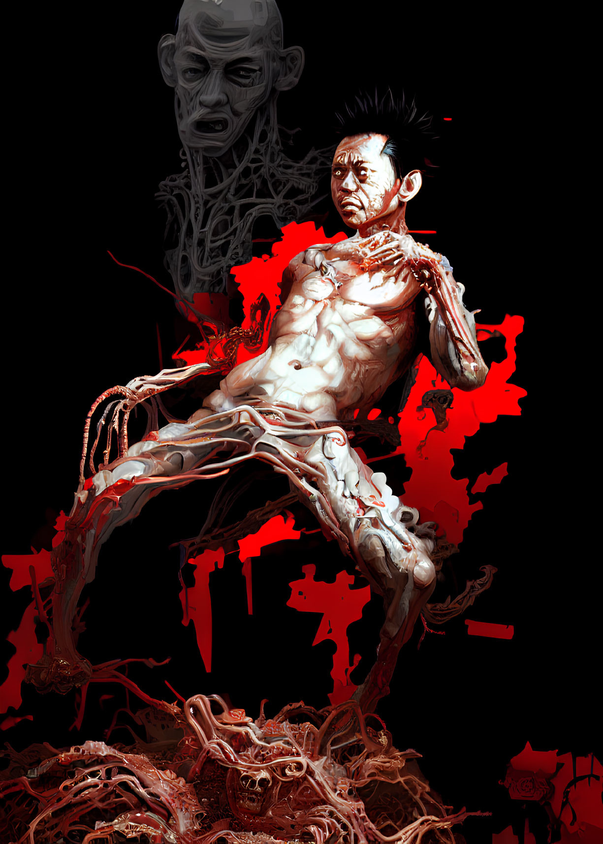 Digital Art: Macabre Humanoid Figure with Exaggerated Skeletal Features and Grotesque