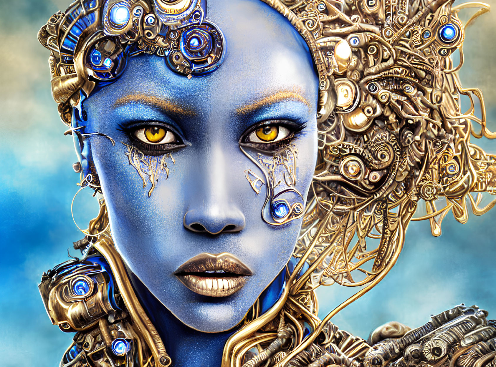 Detailed Close-Up of Stylized Futuristic Entity with Blue Skin and Mechanical Elements