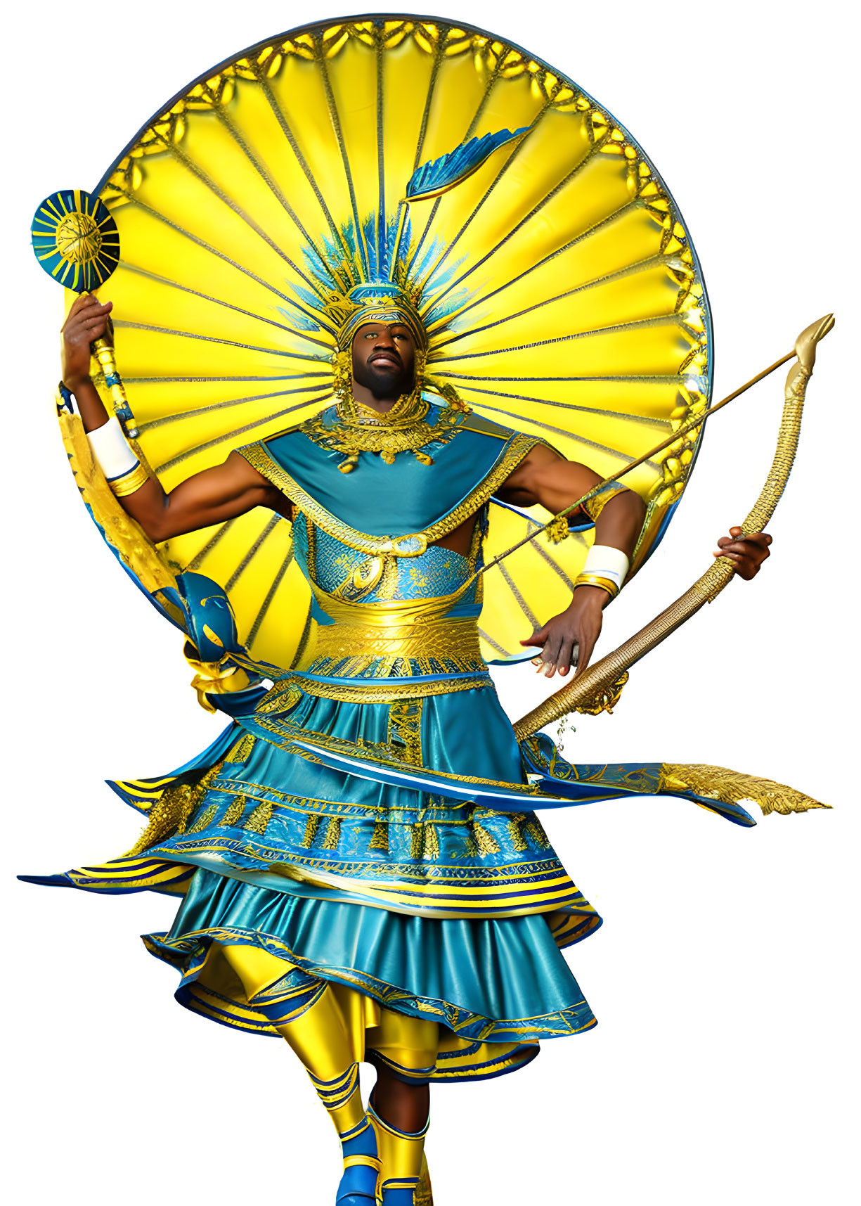 Elaborate Blue and Gold Carnival Costume with Fan Headdress and Bow