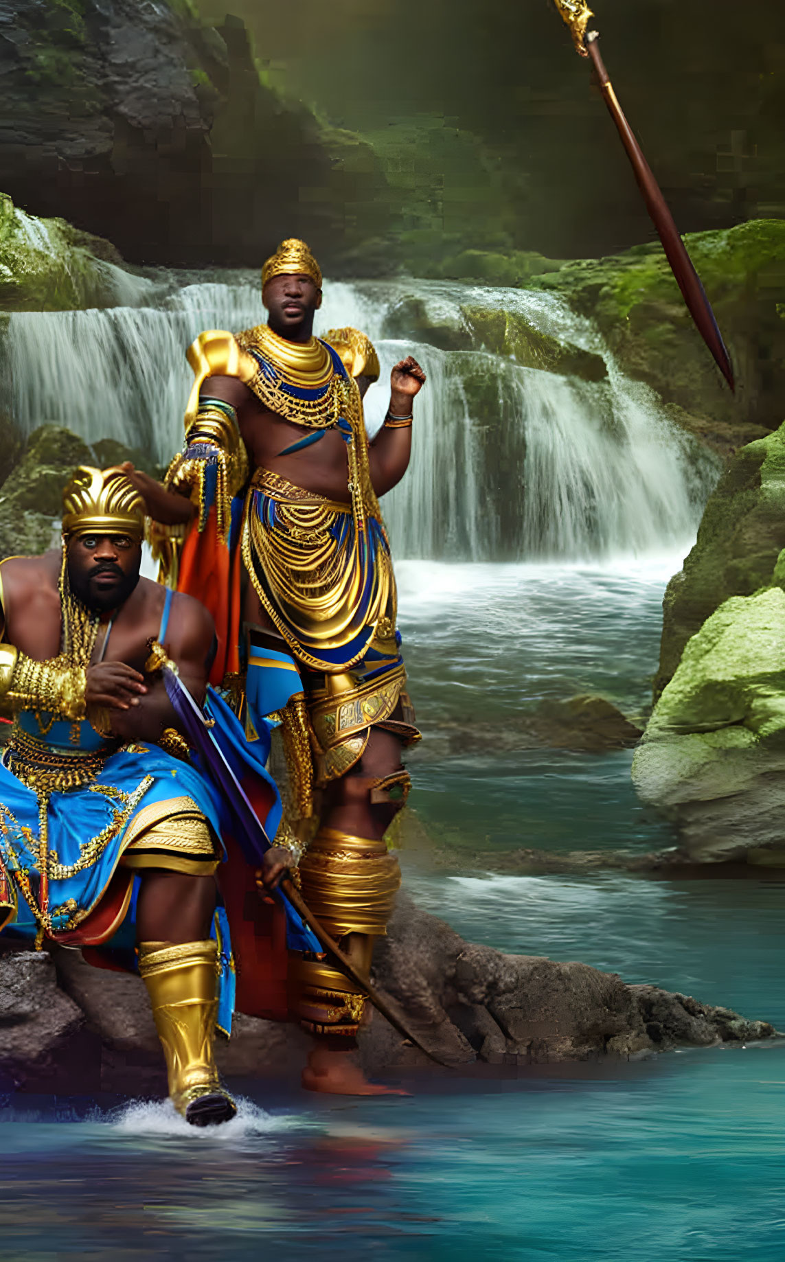 Men in Elaborate Golden Royal Costumes Pose by Waterfall