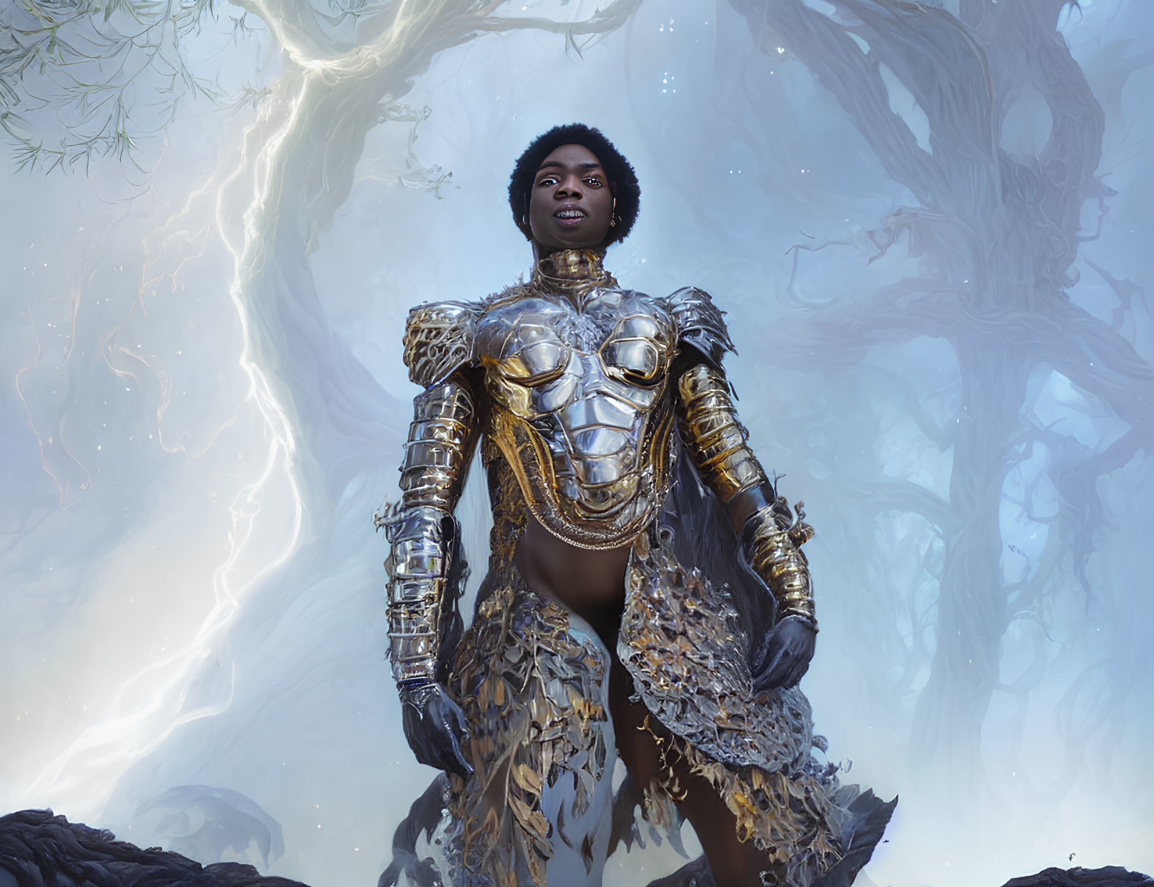 Golden-armored woman in mystical forest with twisted trees and shining light