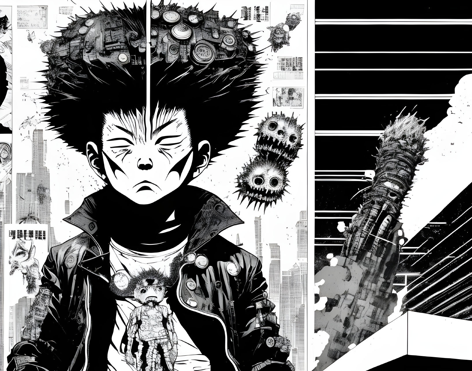 Monochrome manga-style illustration of punk character with spiked mohawk and clockwork elements in front of