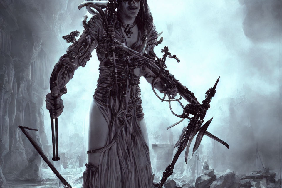 Monochrome fantasy illustration of fierce warrior woman with ornate bow in misty terrain