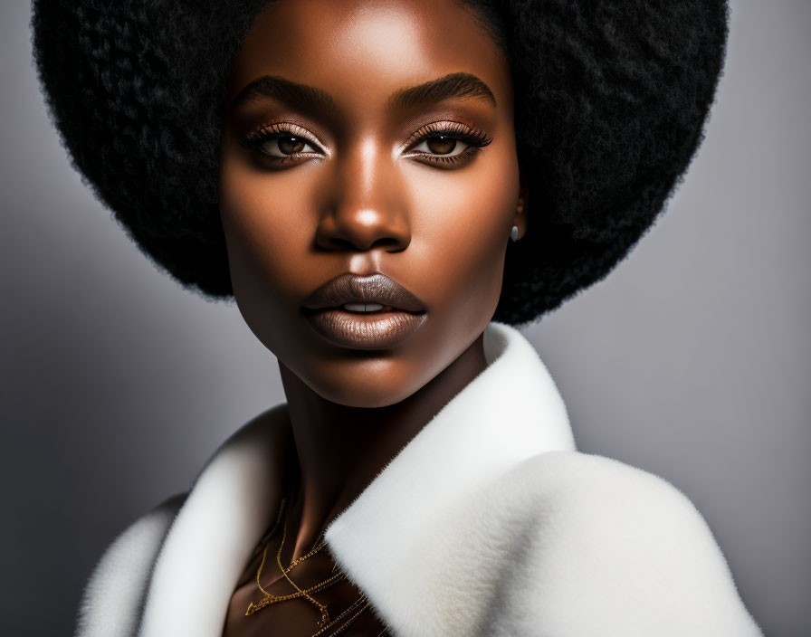 Portrait of woman with dark skin, striking eyes, full lips, afro hairstyle, white coat,