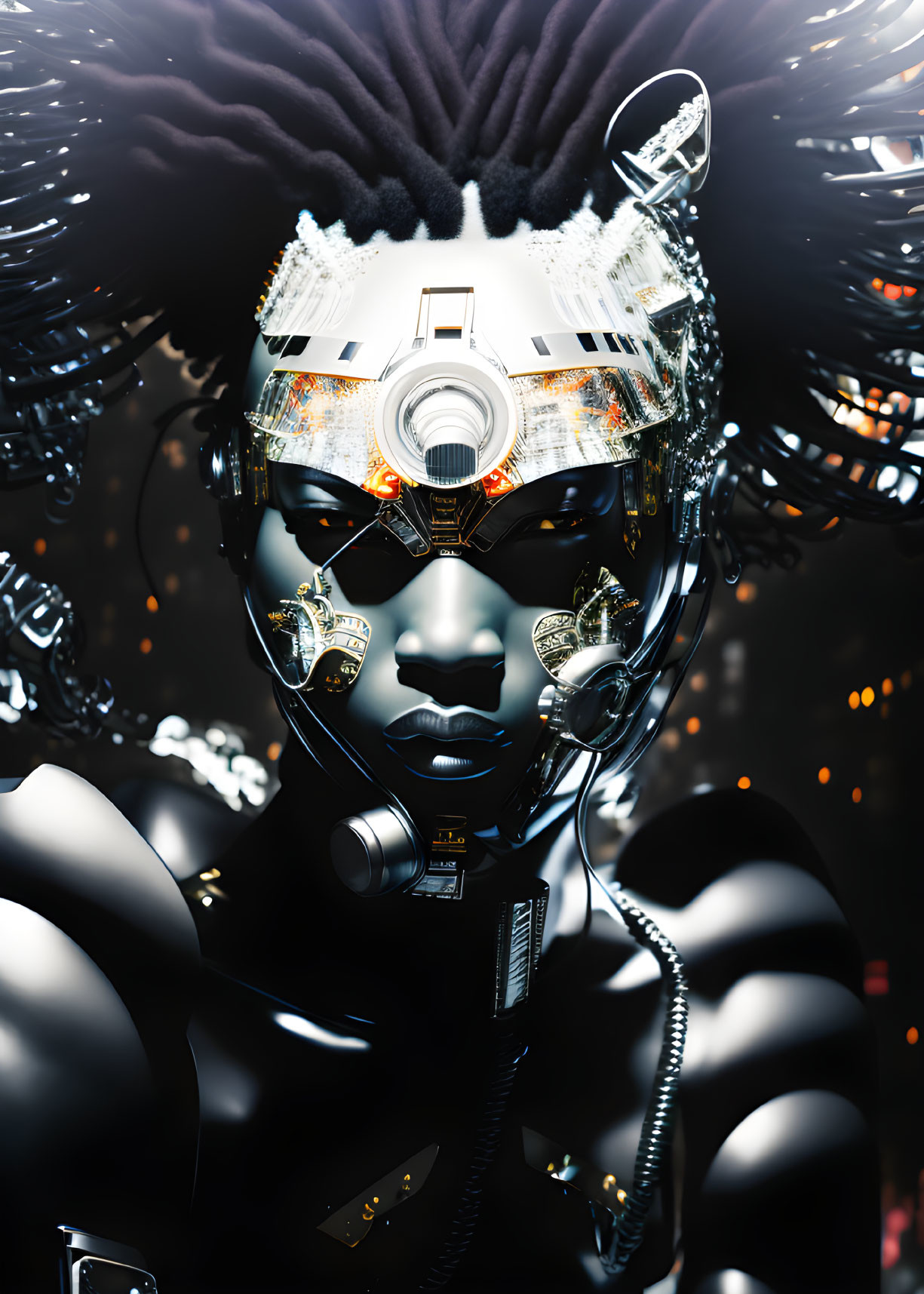 Futuristic female android with cybernetic headgear and glowing orange eyes in front of blurred lights