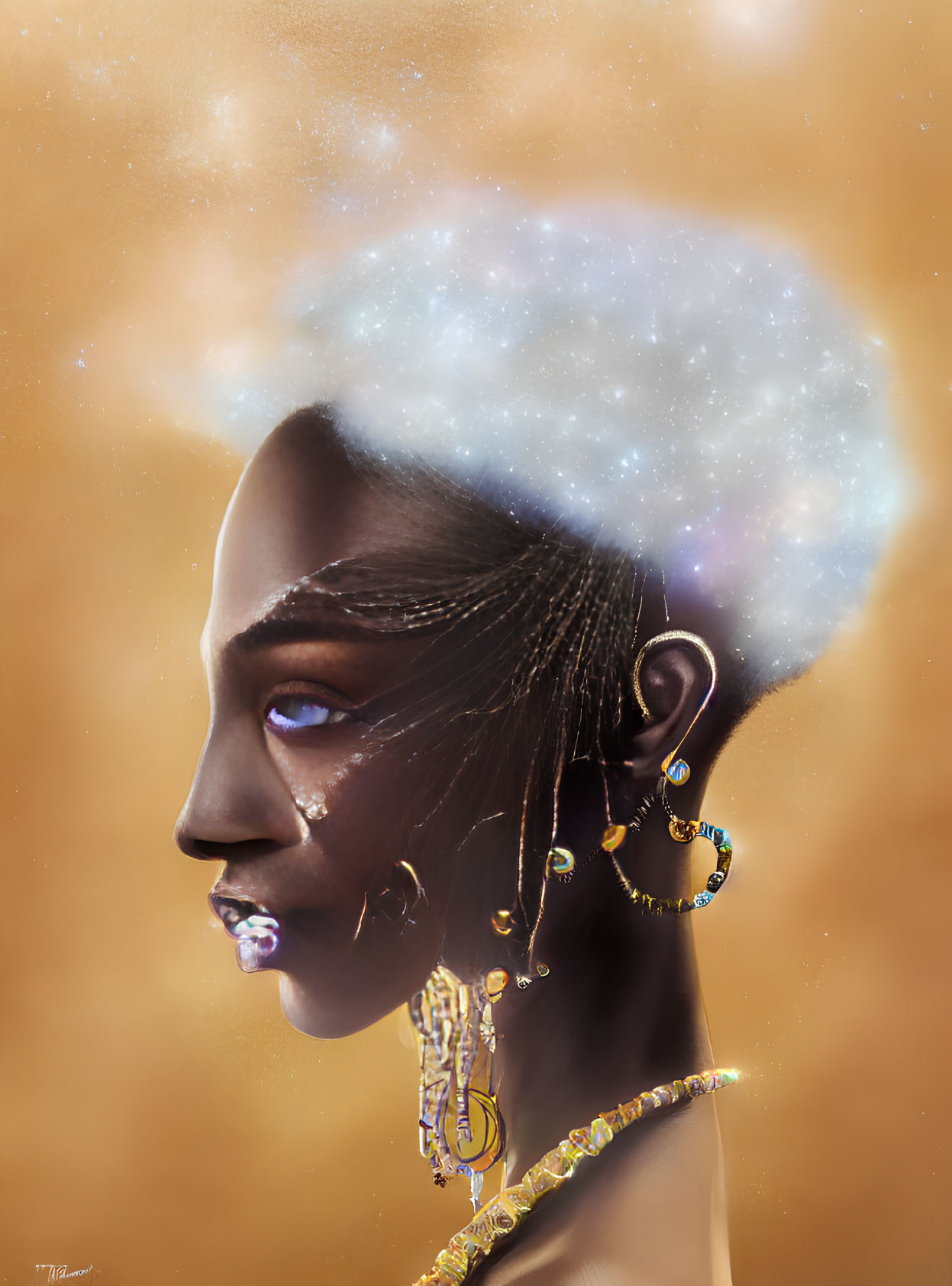 Woman with Galaxy-Themed Hair and Golden Jewelry on Warm Background