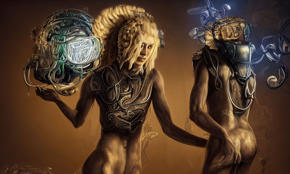 Two humanoid figures with body paint and futuristic helmets linked by tubes on warm-toned background.