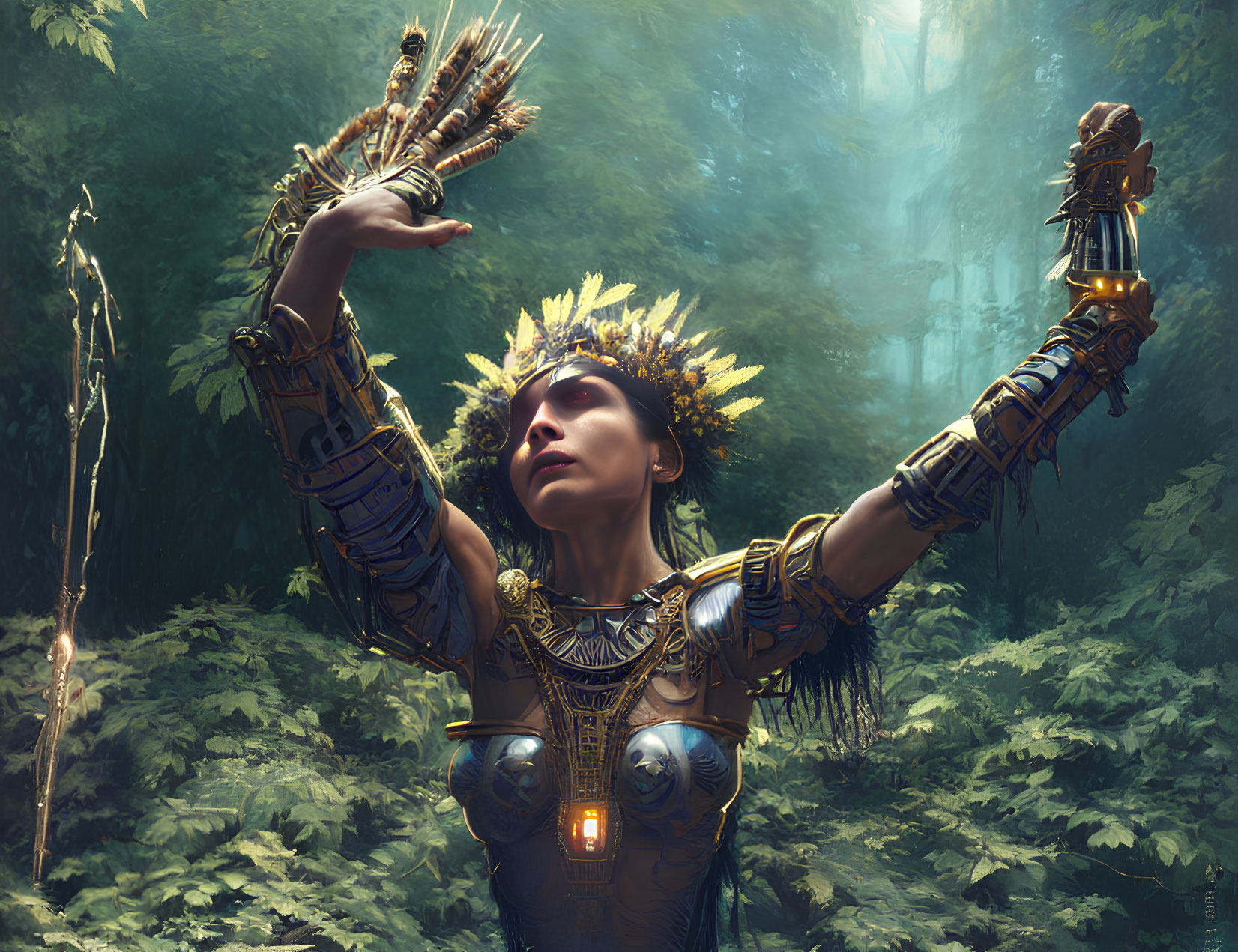 Woman in ornate tribal attire with feather headdress in lush forest with sunlight filtering through