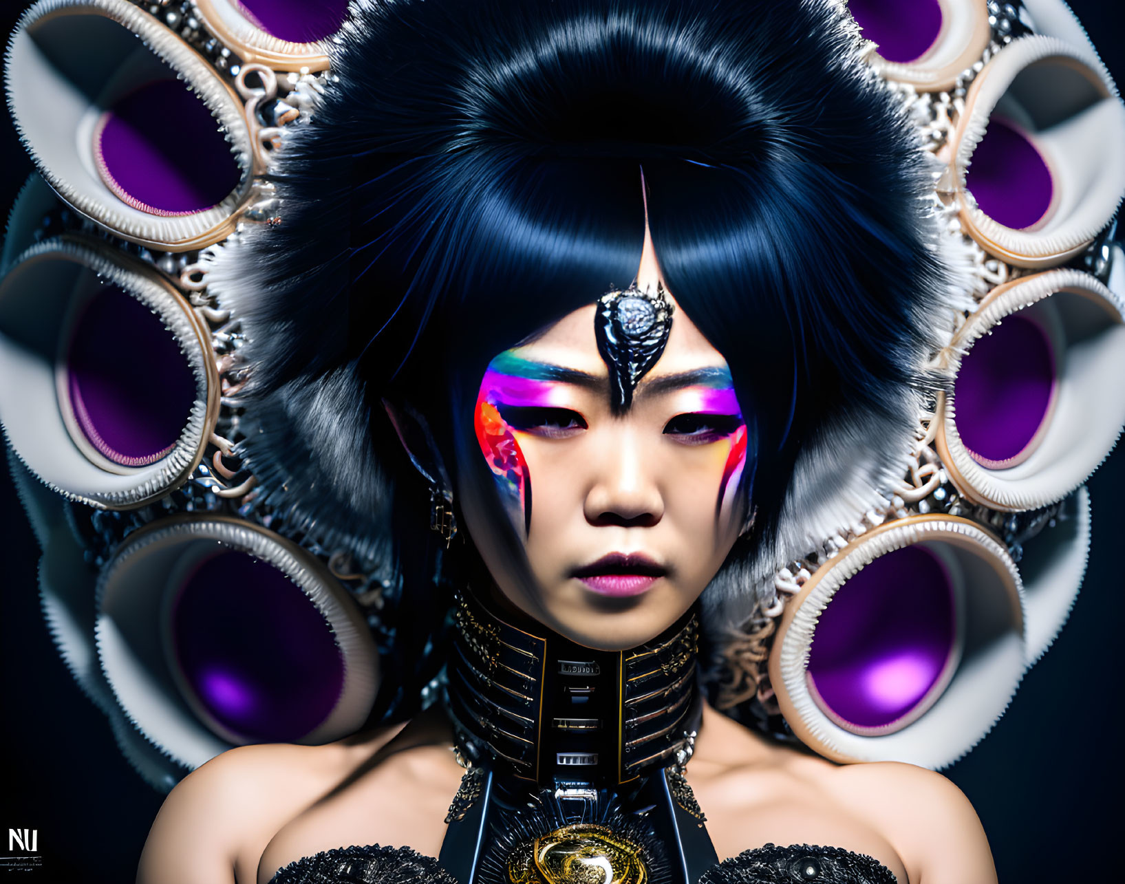 Woman with dramatic makeup and ornate feather headdress in futuristic tribal style