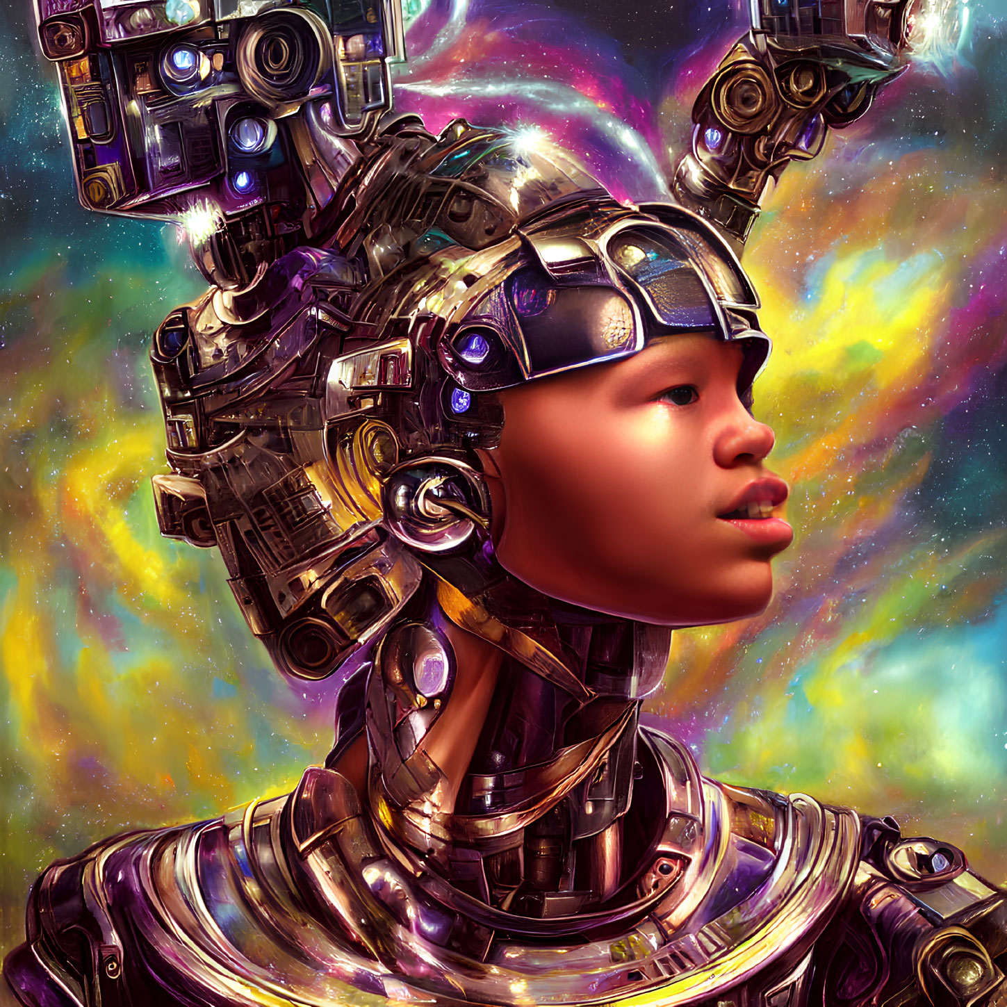 Detailed futuristic female android in cosmic backdrop