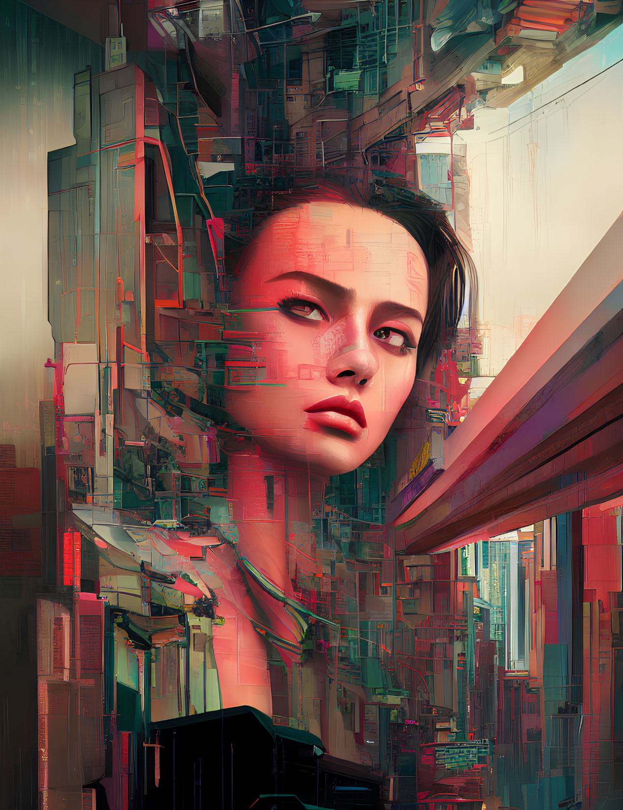 Digital Artwork: Woman with Futuristic Cityscape Integration