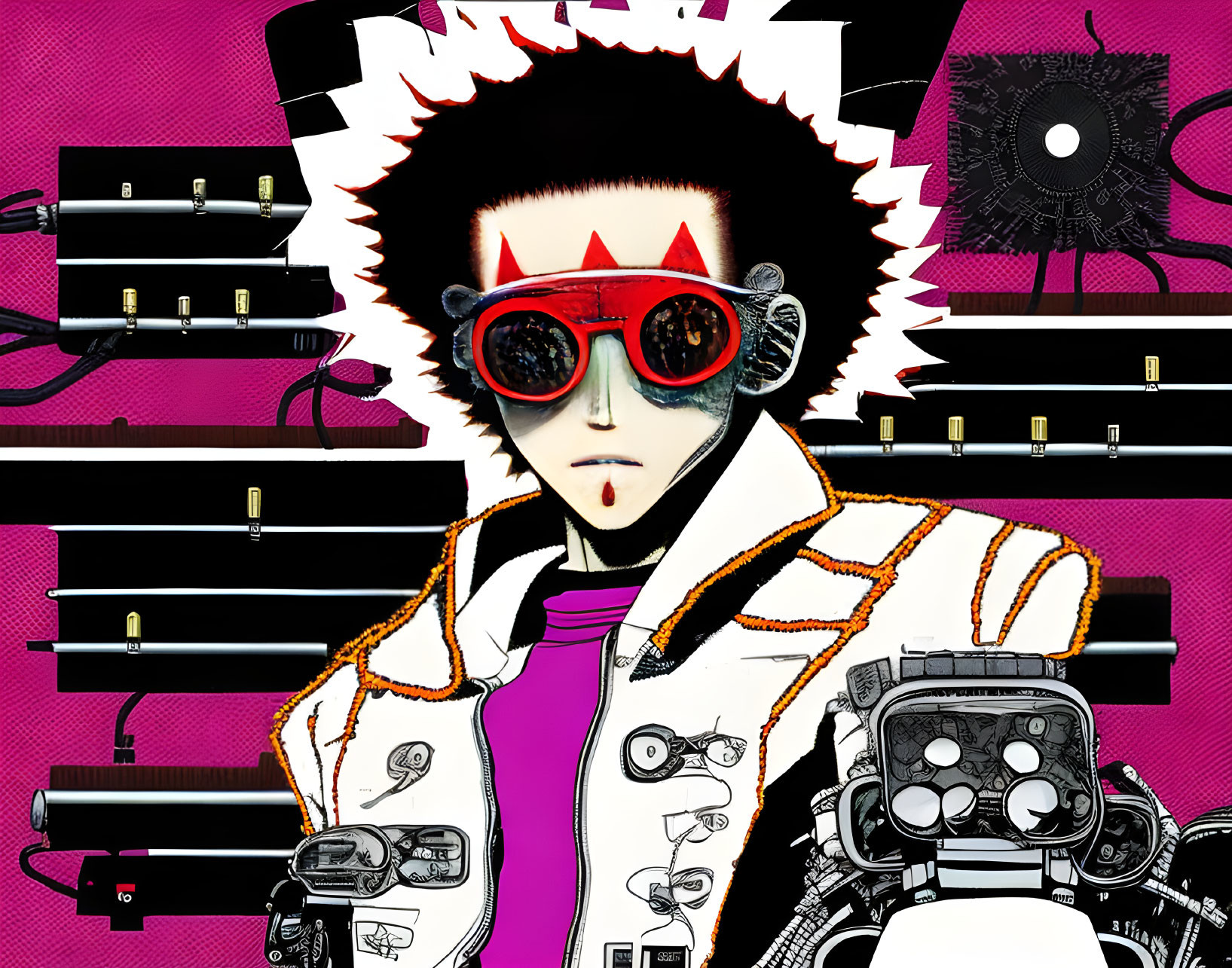 Person with Spiky Hair in Red Goggles & White Jacket on Pink Background