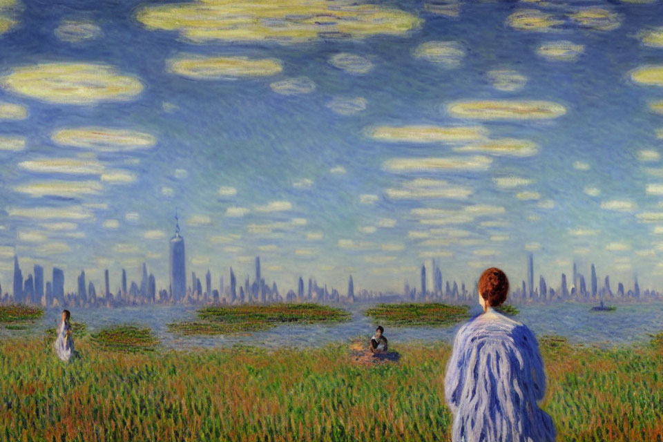 Impressionist-style painting of people in green field with city skyline under blue sky.