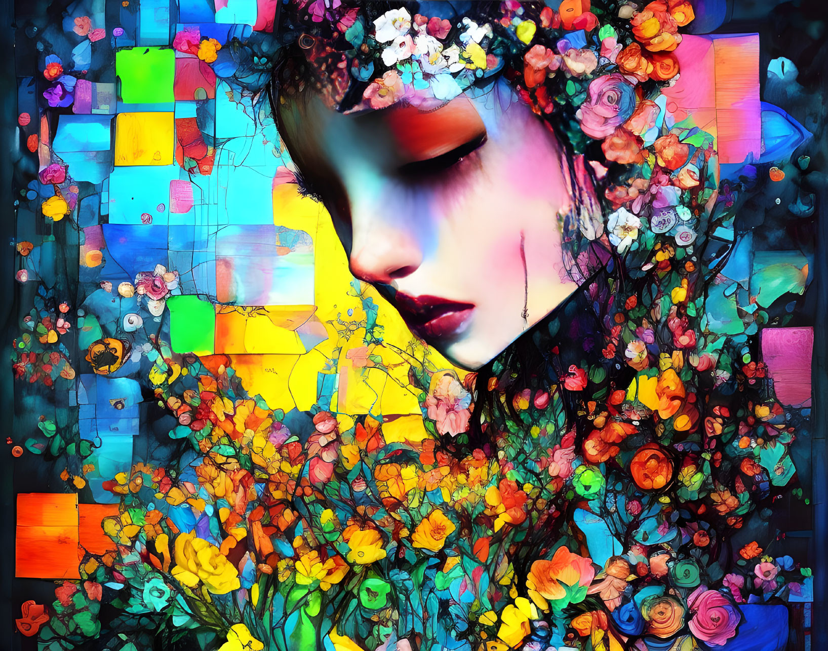 Colorful mosaic background with woman's face and flowers.