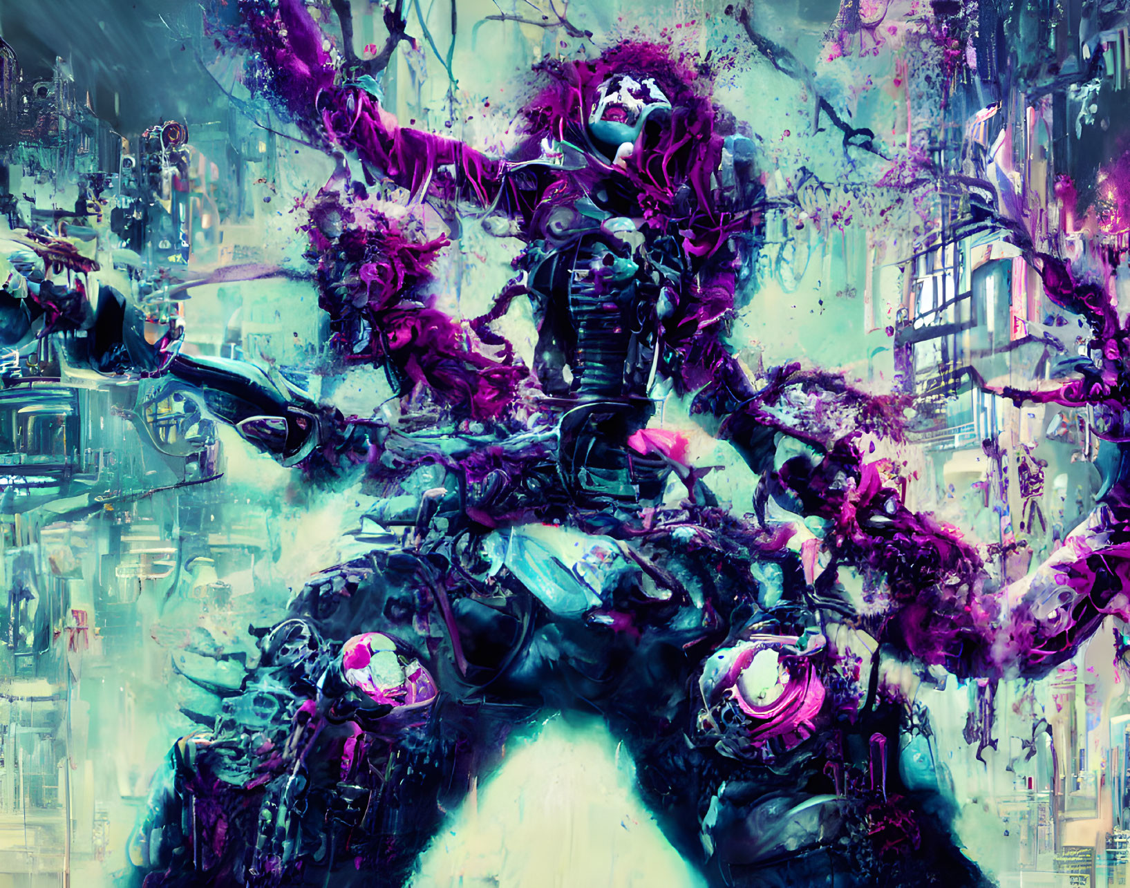 Futuristic cyberpunk artwork: Figure in neon armor in chaotic cityscape