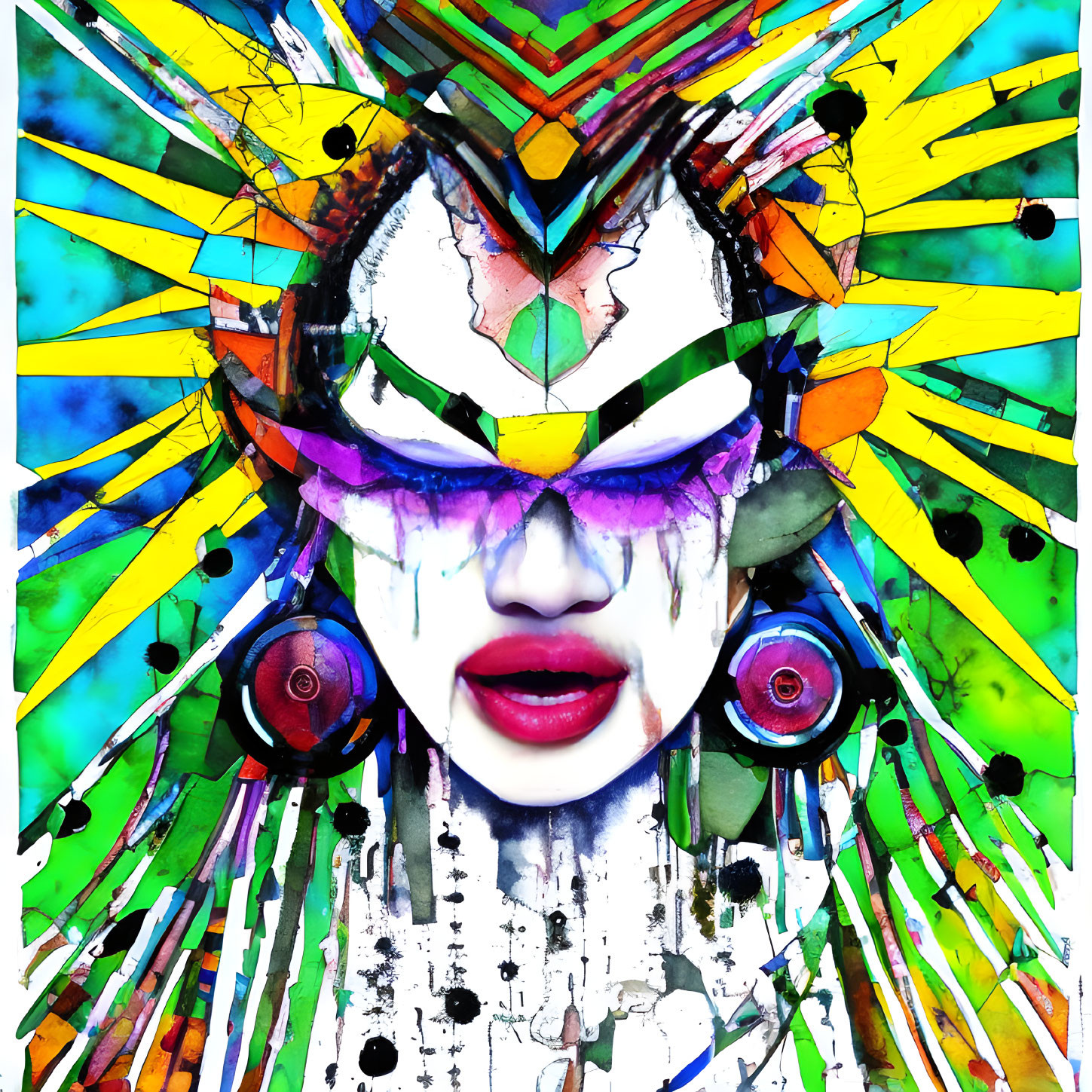 Colorful abstract digital artwork: vibrant face with striking makeup and headdress