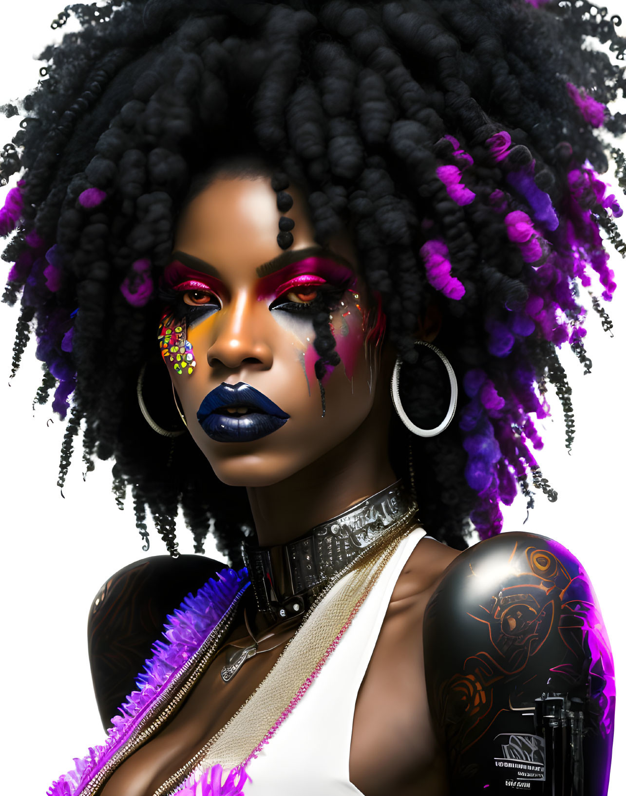 Digital artwork: Woman with curly black hair, purple makeup, hoop earrings, and shoulder tattoos