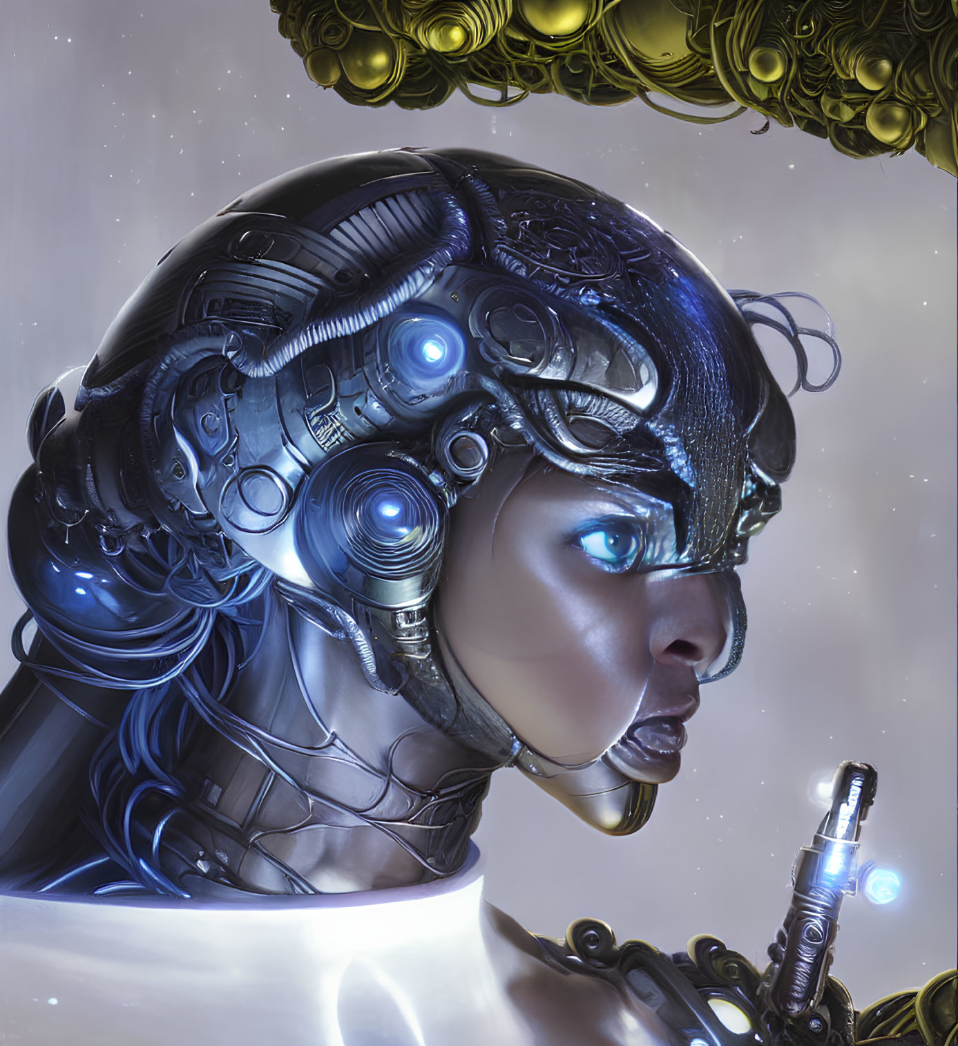 Detailed female cyborg illustration with futuristic helmet and blue eyes