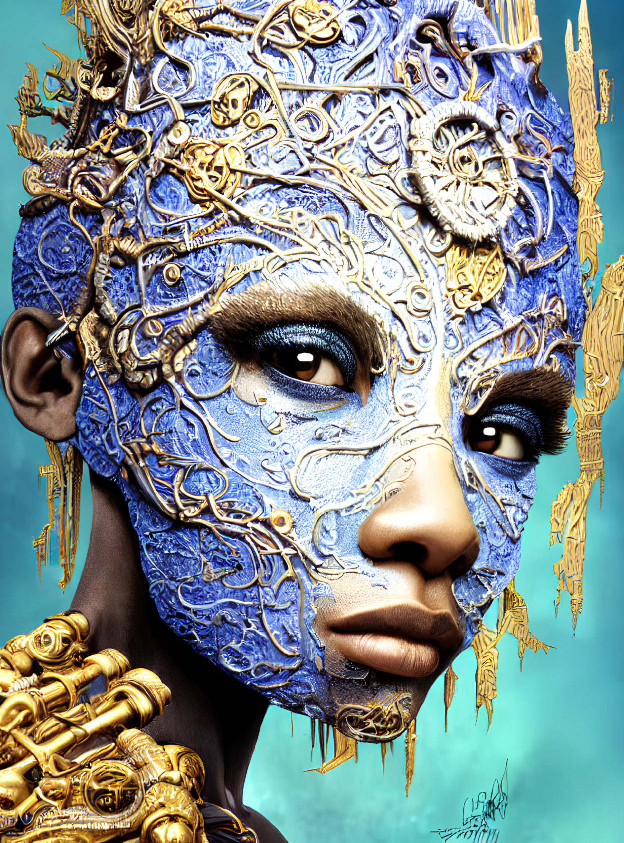 Digital artwork: Ornate blue and gold mechanical face on turquoise backdrop