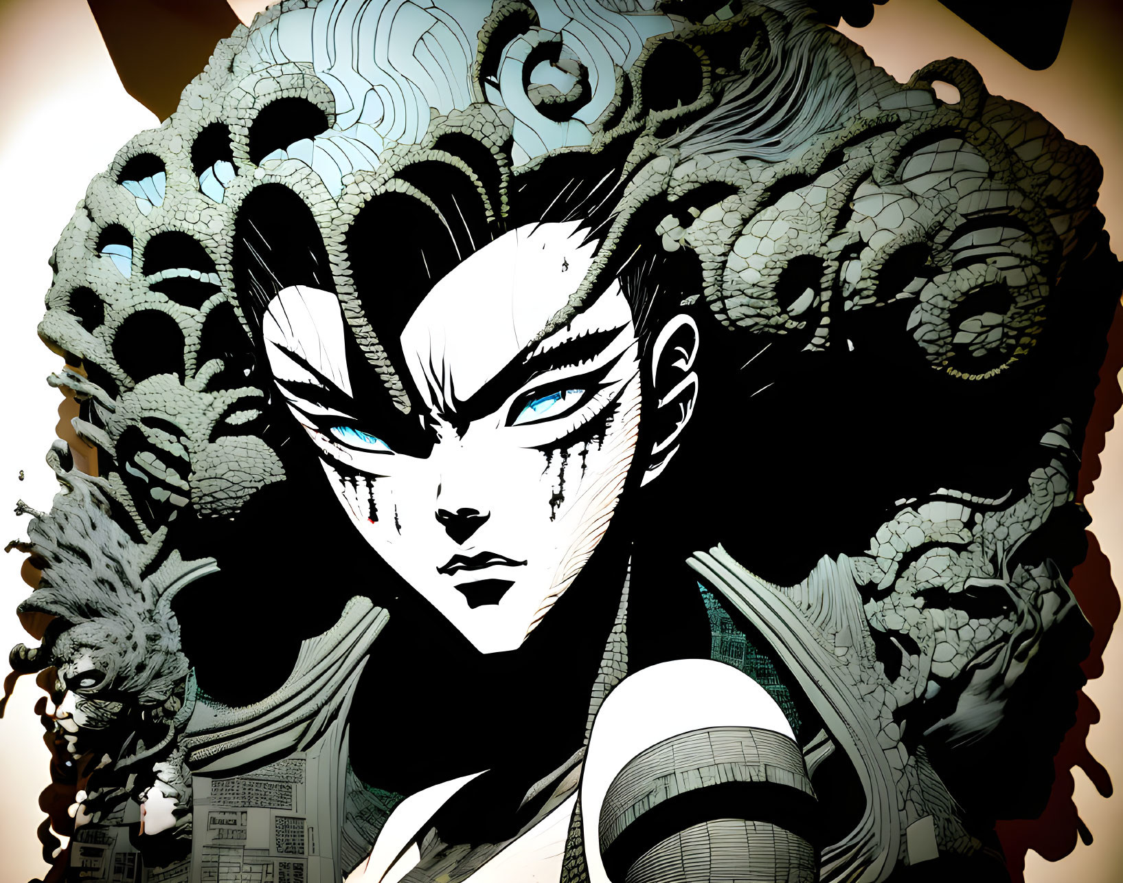 Stylized female character with intricate snake-like hair design