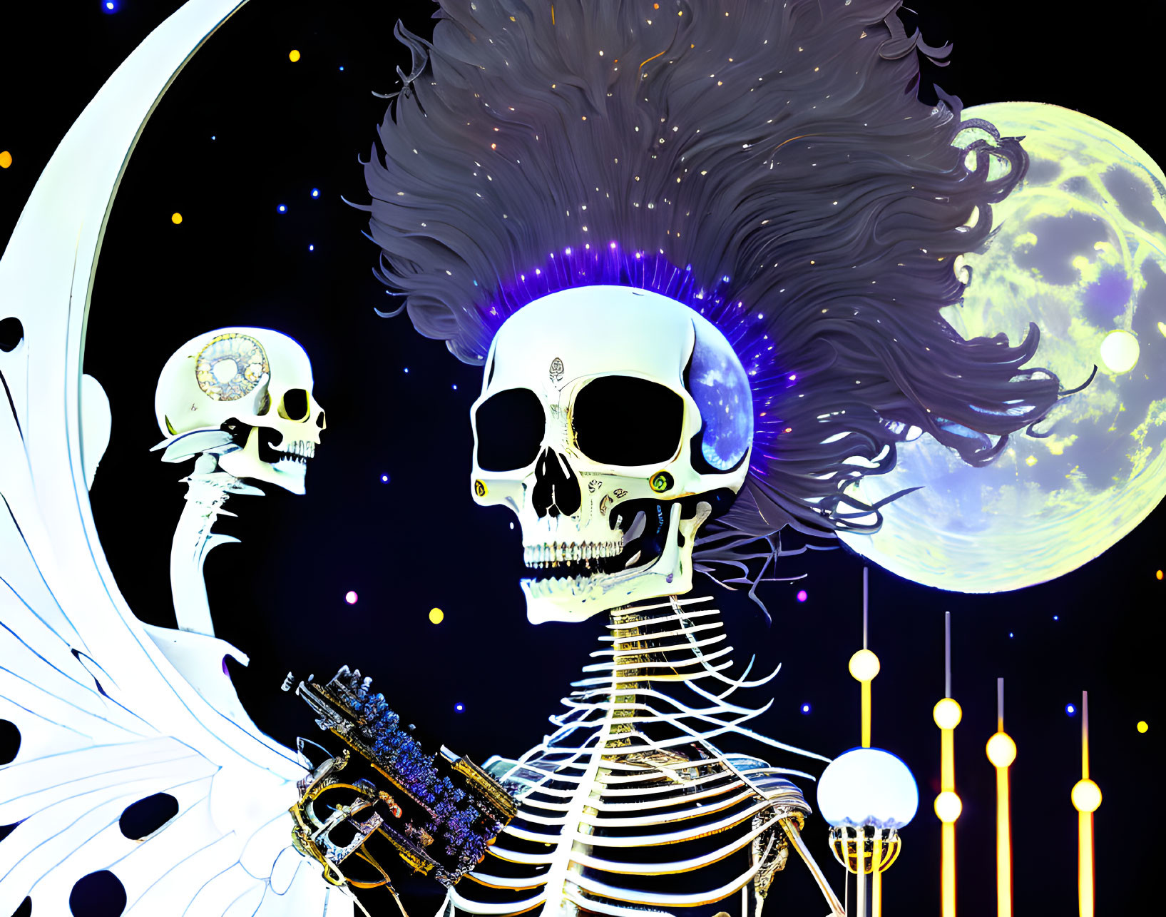 Surreal skeleton illustration with cosmic elements