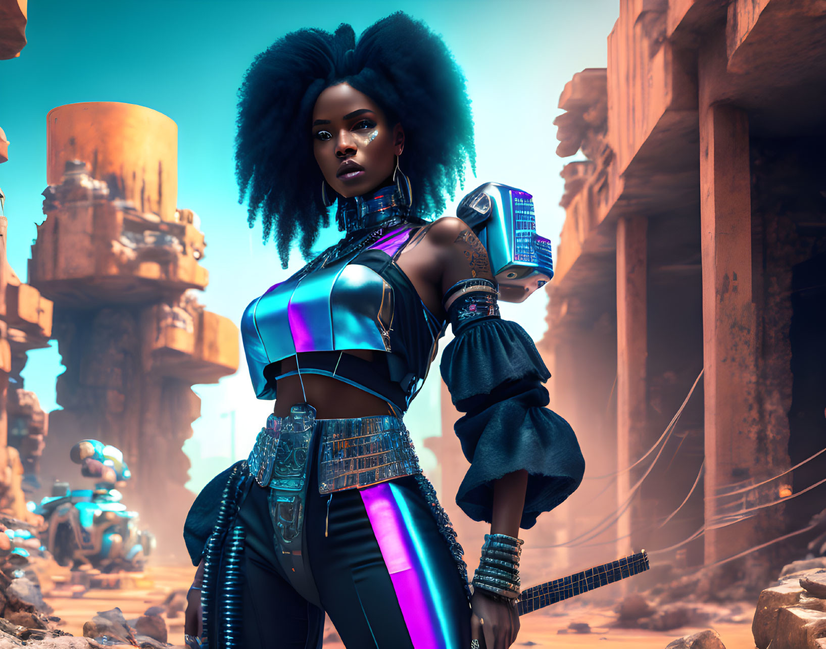 Futuristic armor-clad woman with afro hairstyle in ancient ruins