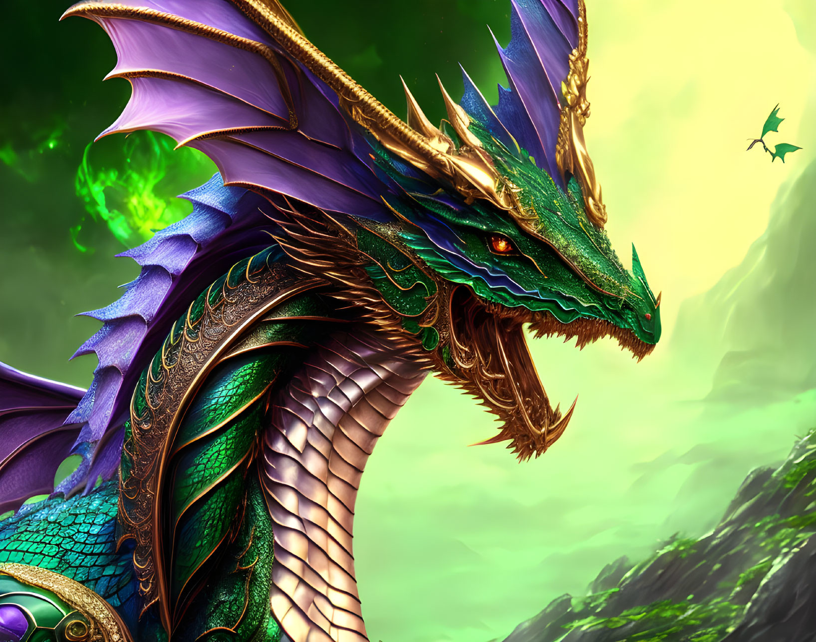 Detailed green and purple dragon with golden horns in vibrant sky.