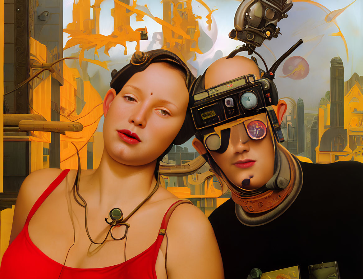 Woman and cyborg in futuristic cityscape with optical devices.