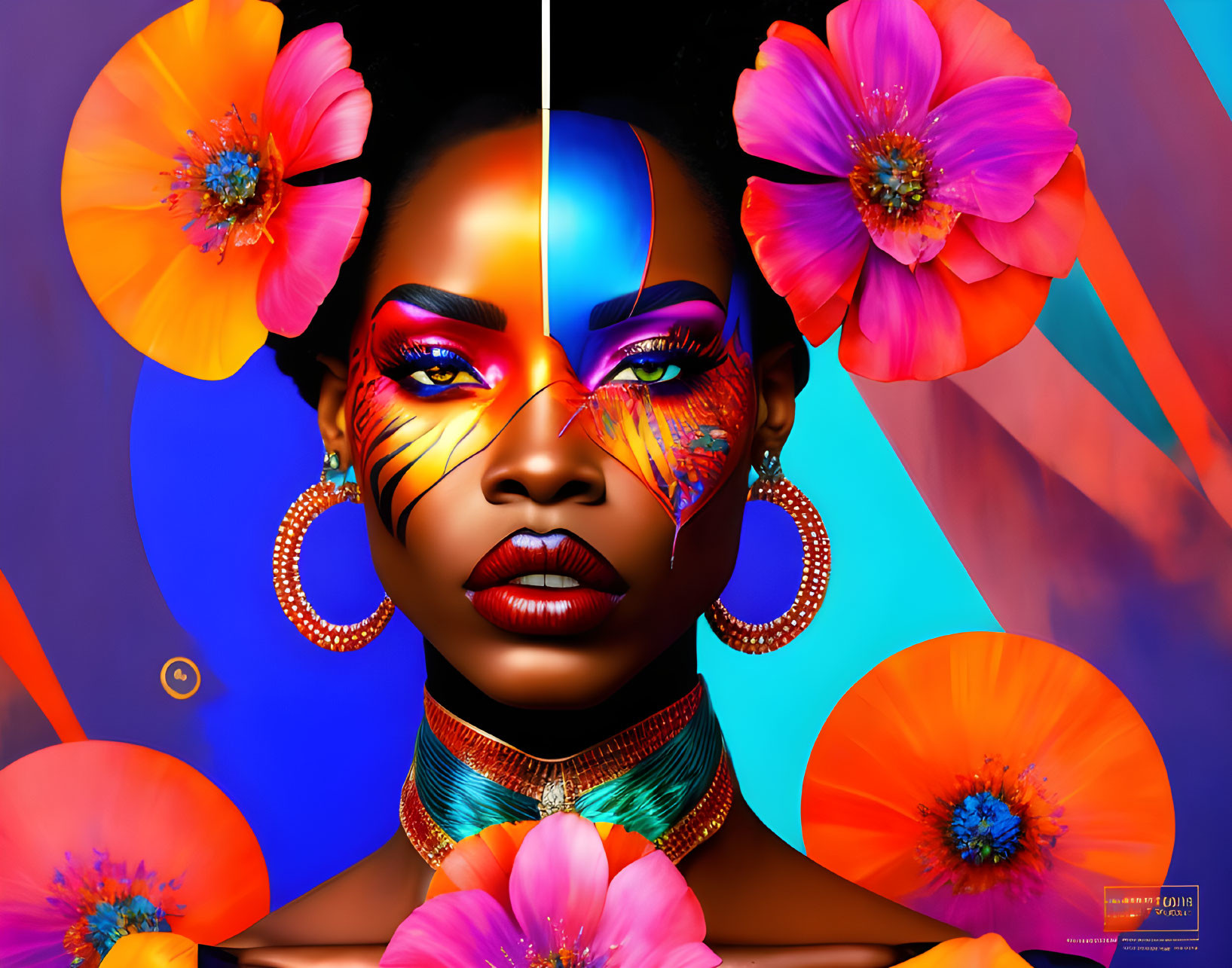 Colorful Woman Portrait with Striking Makeup and Flowers on Blue Background