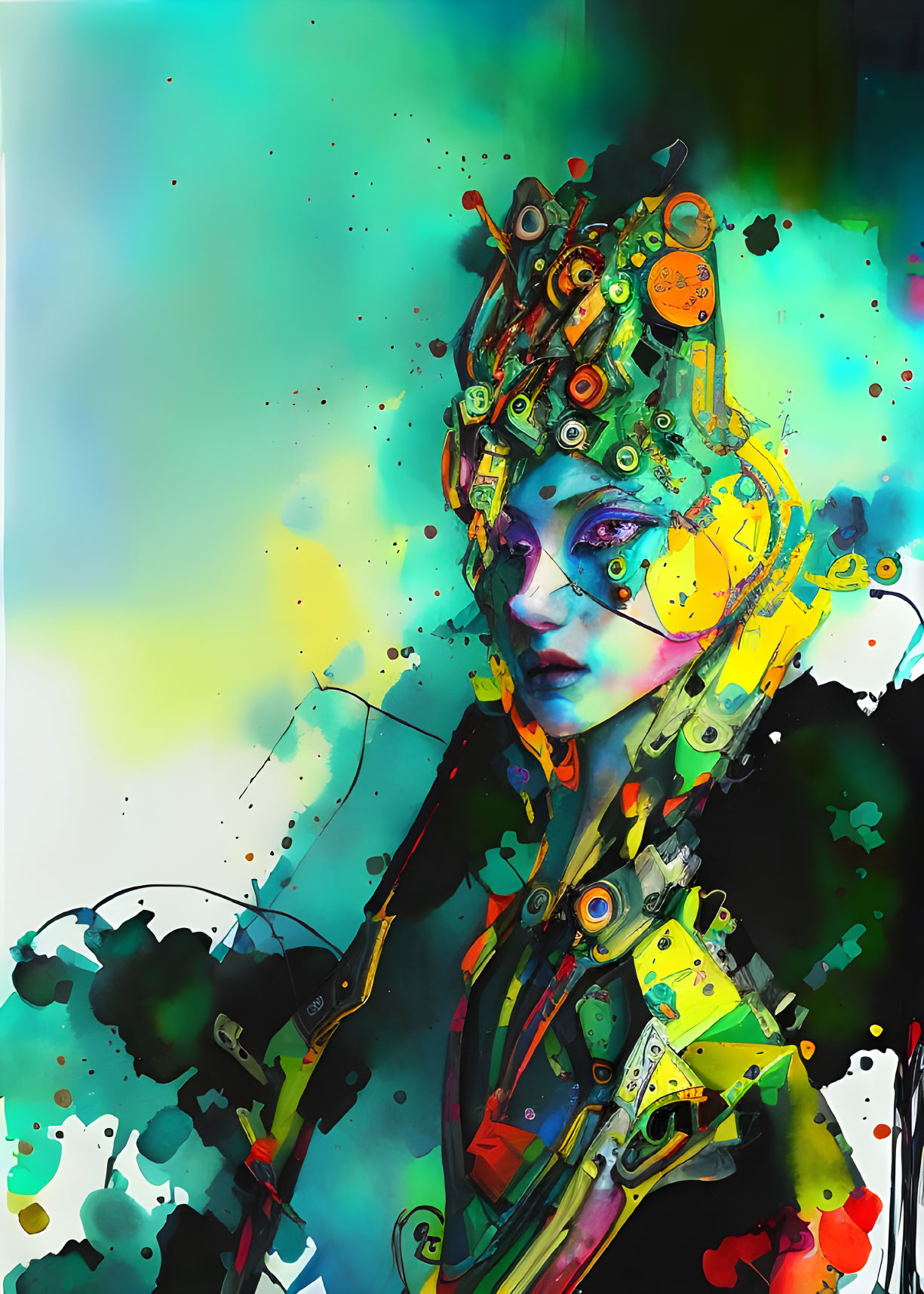 Vibrant digital artwork: Cyborg with intricate mechanical headpiece