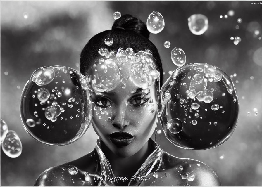 Monochrome artistic portrait of a woman surrounded by bubbles