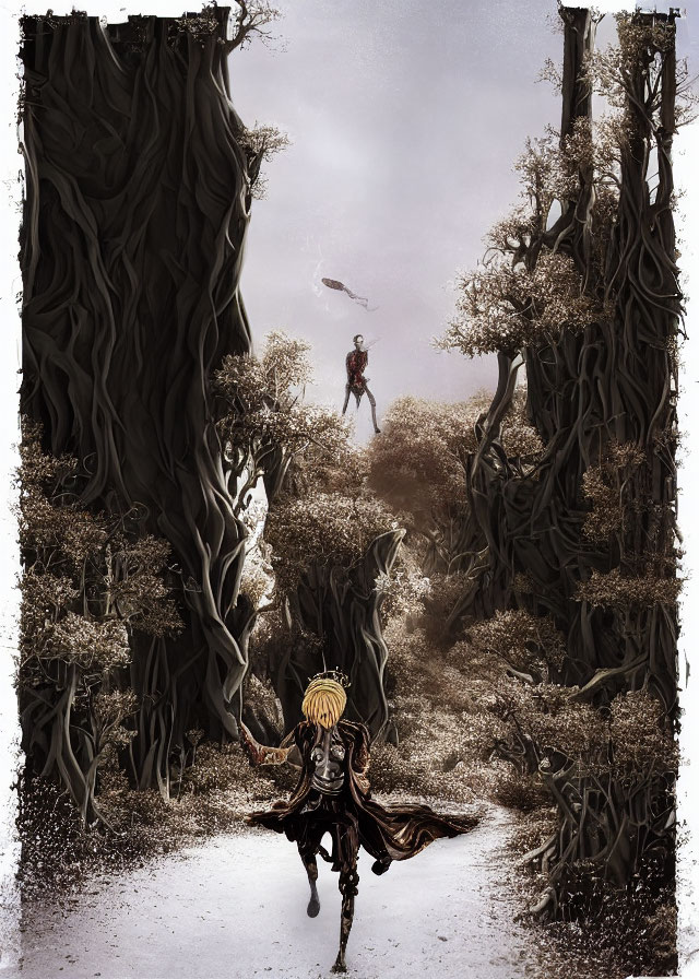 Two warriors in dark forest with swords and staff