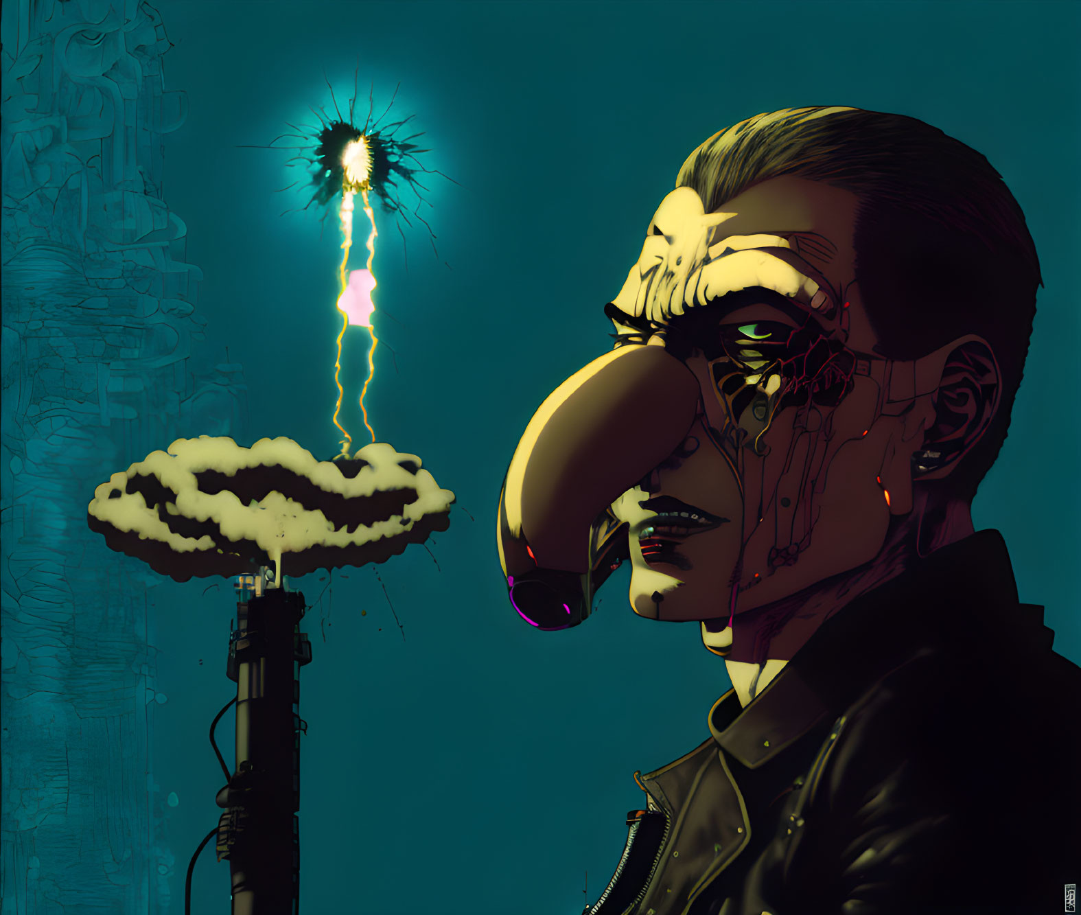 Stylized man with cybernetic eye and beak nose in nuclear-themed illustration