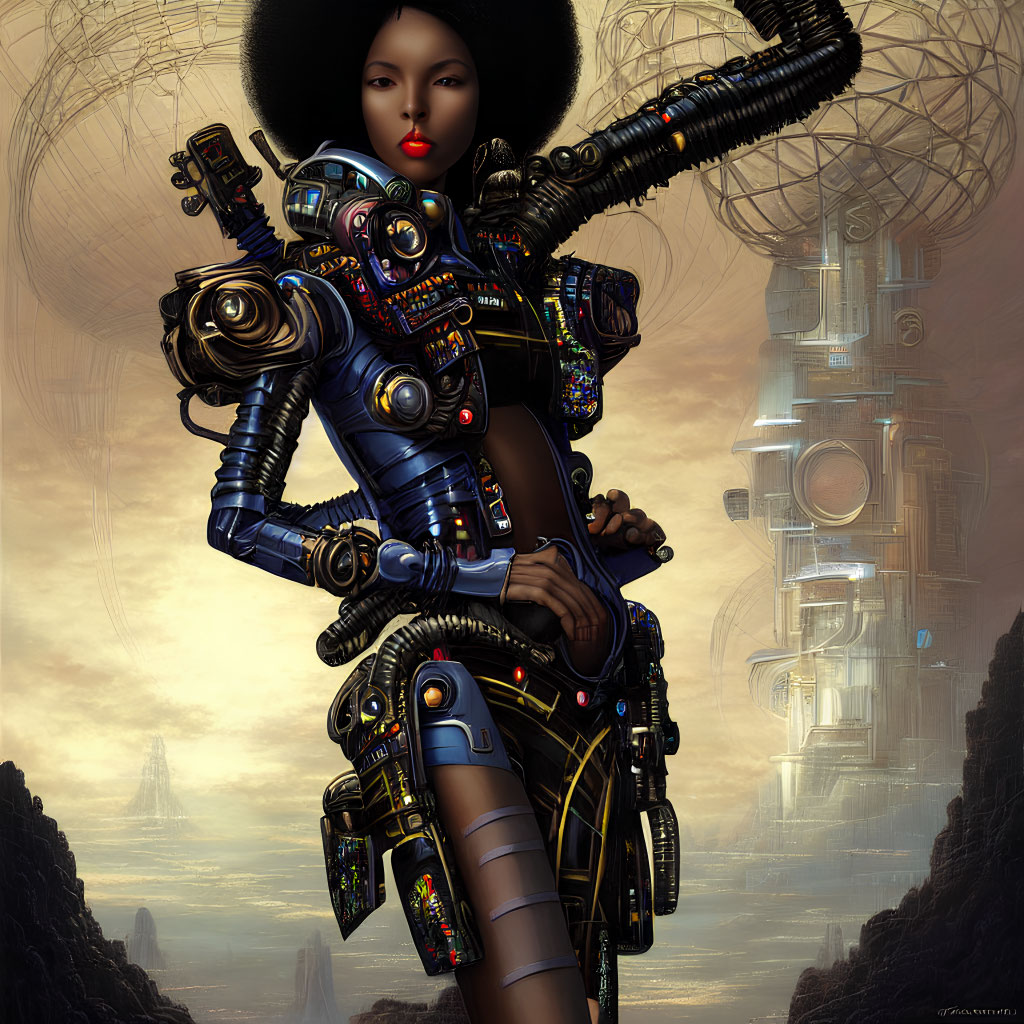 Futuristic female cyborg in intricate armor against sci-fi cityscape