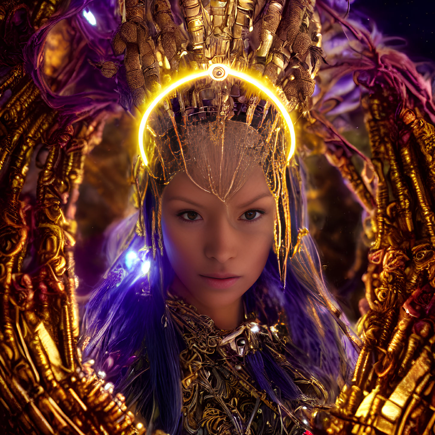 Blue-haired woman with golden headdress in mystical setting