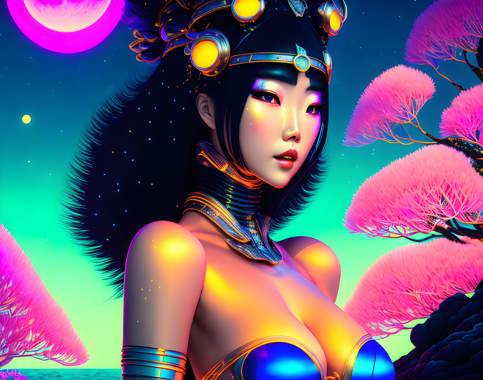 Colorful digital artwork: Woman in futuristic attire on surreal landscape