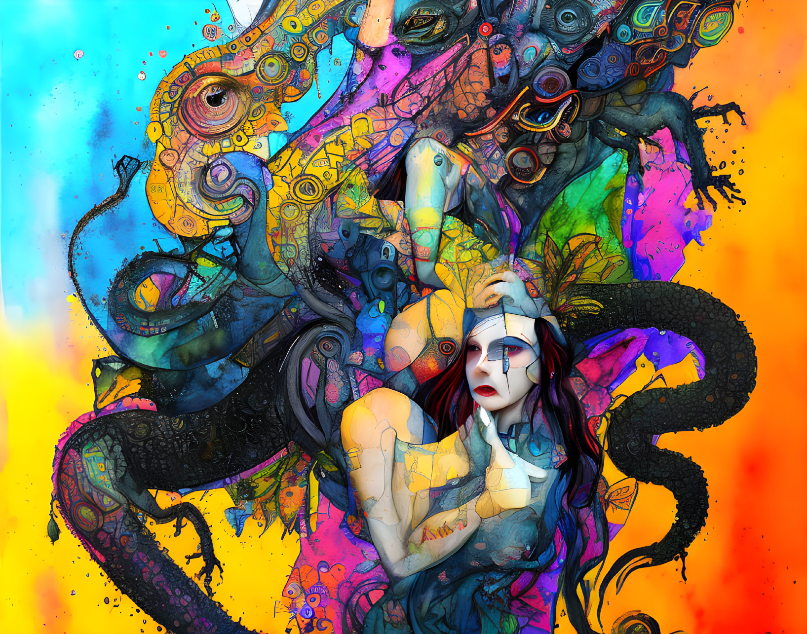 Colorful digital artwork: Woman with octopus tentacles on splattered paint background