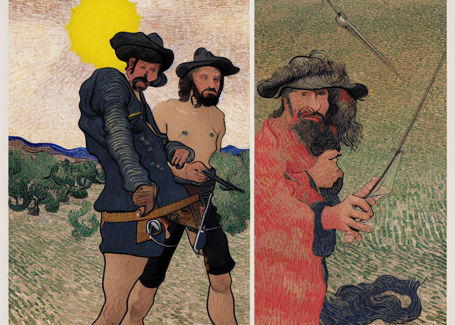 Stylized Van Gogh-inspired illustration of figures with musket and fishing pole