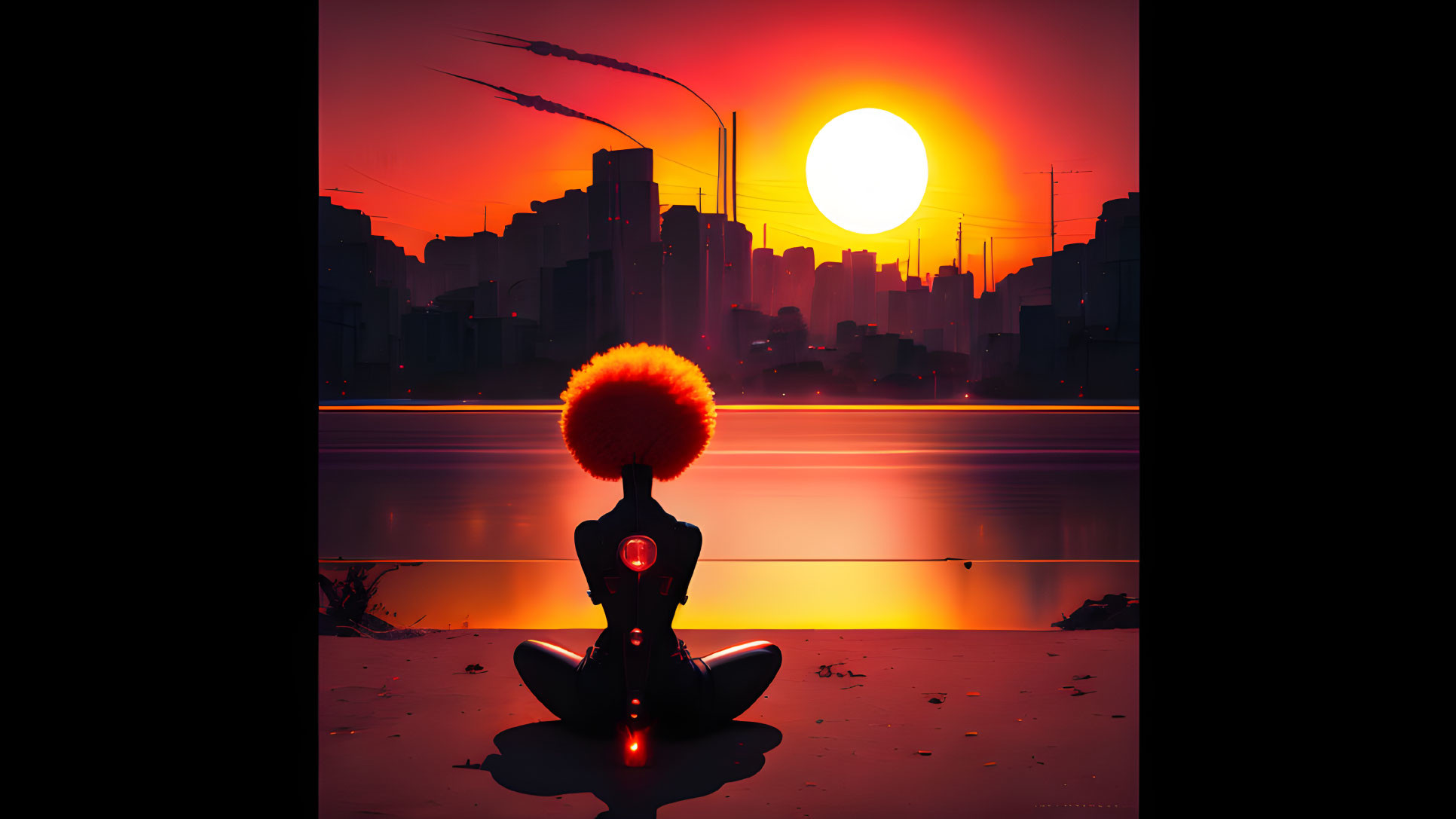 Silhouette of person meditating by waterfront at red sunset