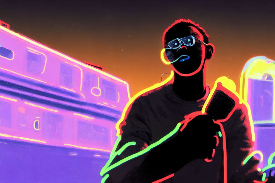 Person with neon outlines and glasses holding a microphone, train and vibrant sky.