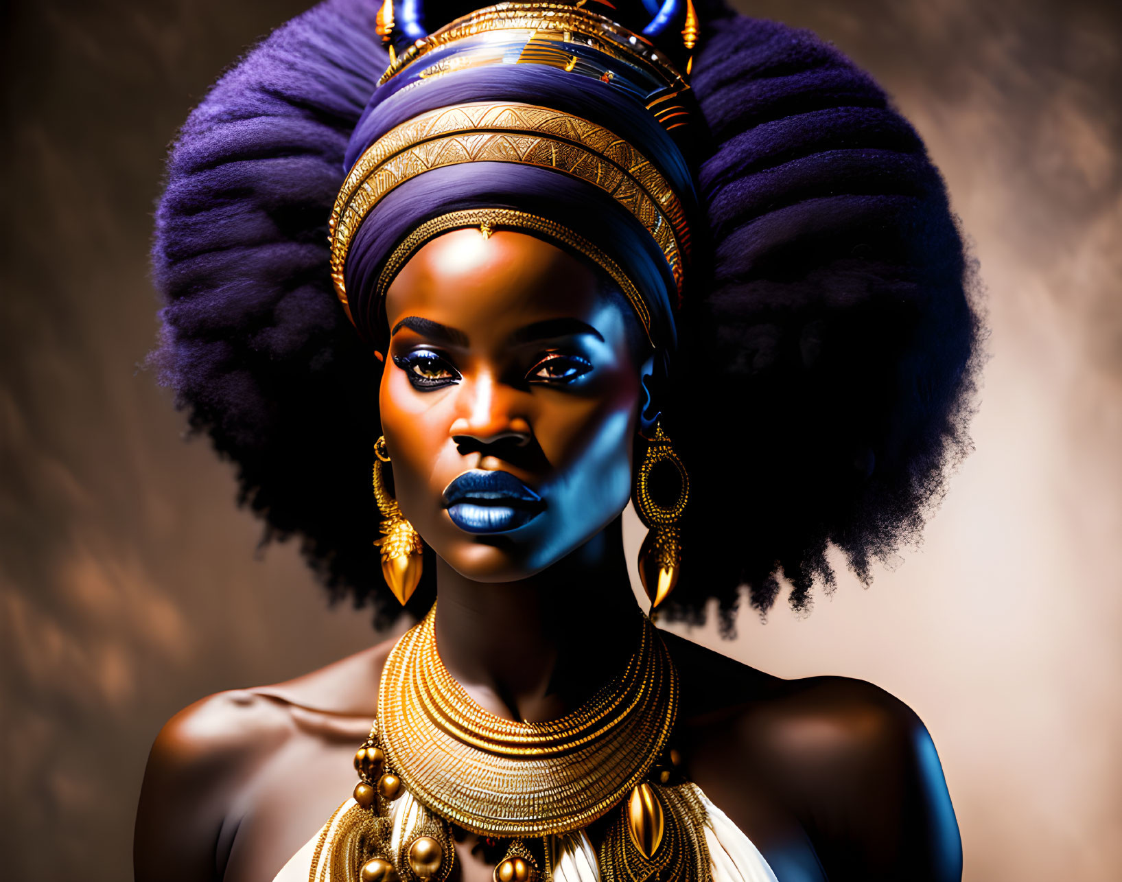 Woman with blue body paint, golden jewelry, and purple headdress on warm background