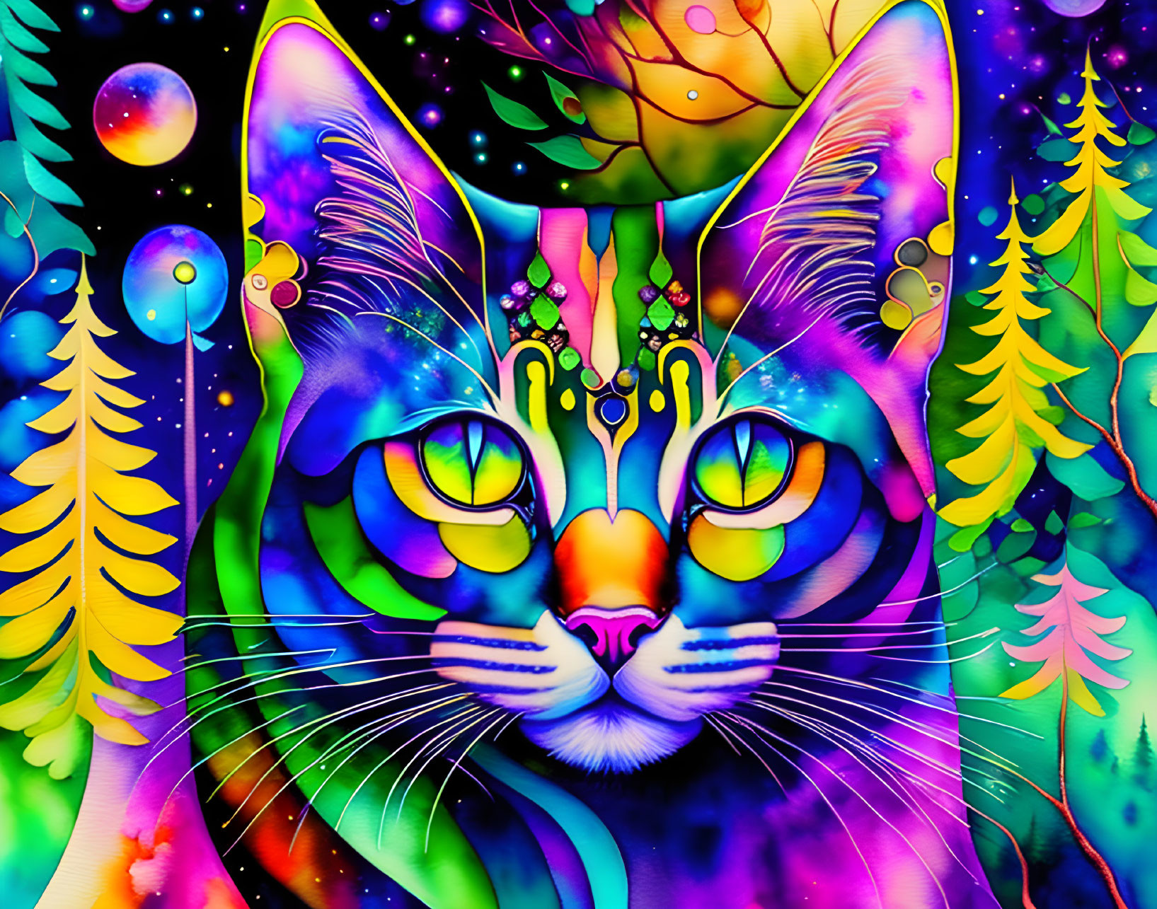 Vibrant psychedelic cat face surrounded by cosmic trees and planets