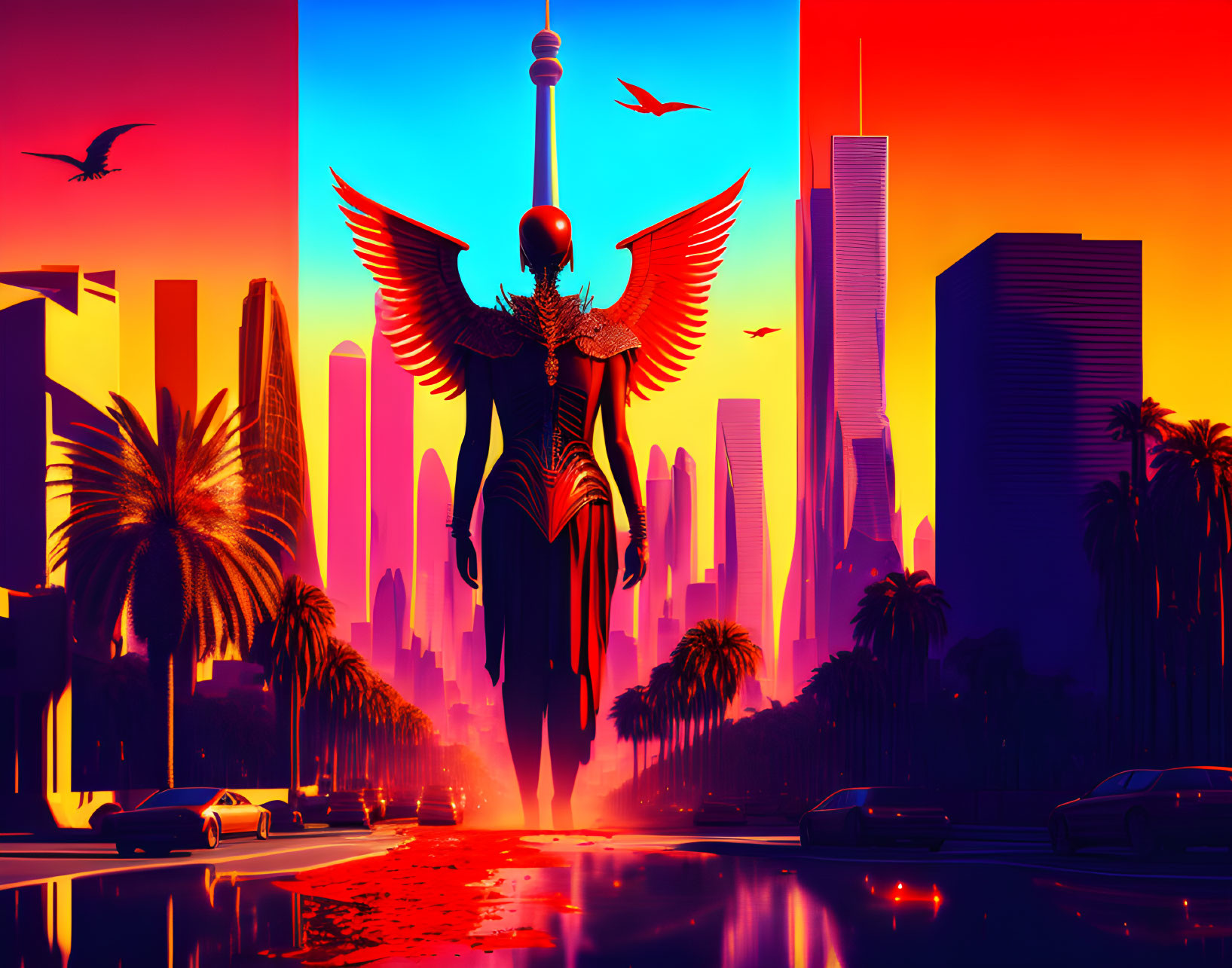 Futuristic cityscape at sunset with winged humanoid and stylized skyscrapers