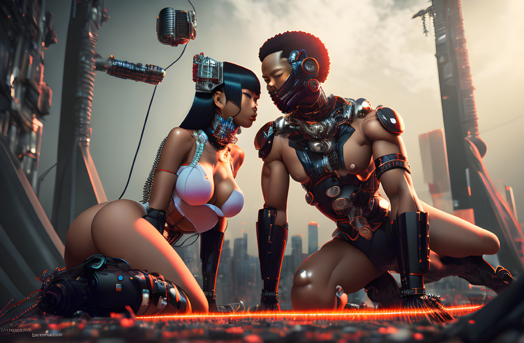 Futuristic androids with human-like features in cyberpunk cityscape