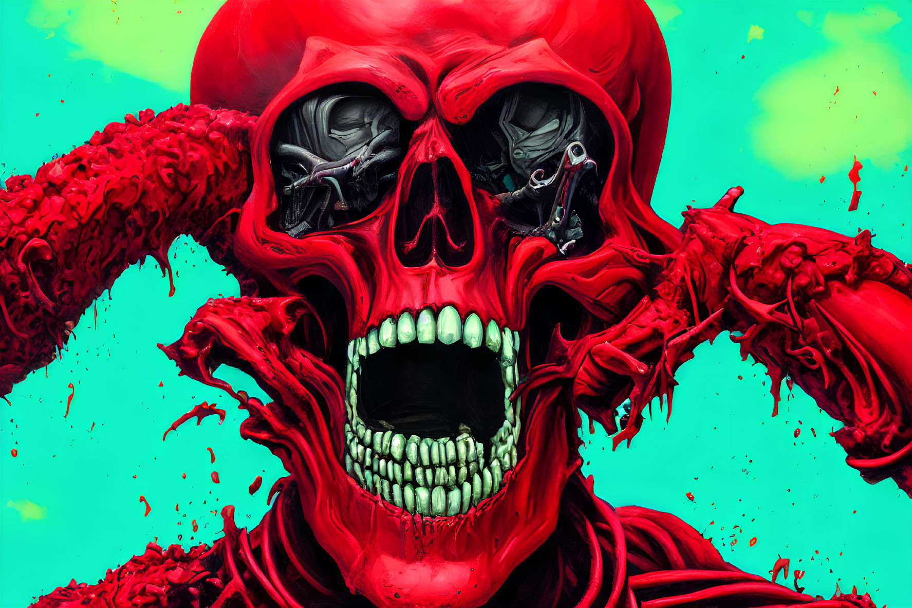 Digital Artwork: Red Skull with Humanoid Figures on Turquoise Background
