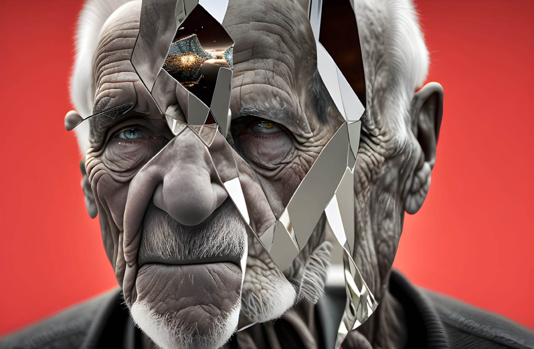 Elderly man's face with fragmented skin revealing metallic structure